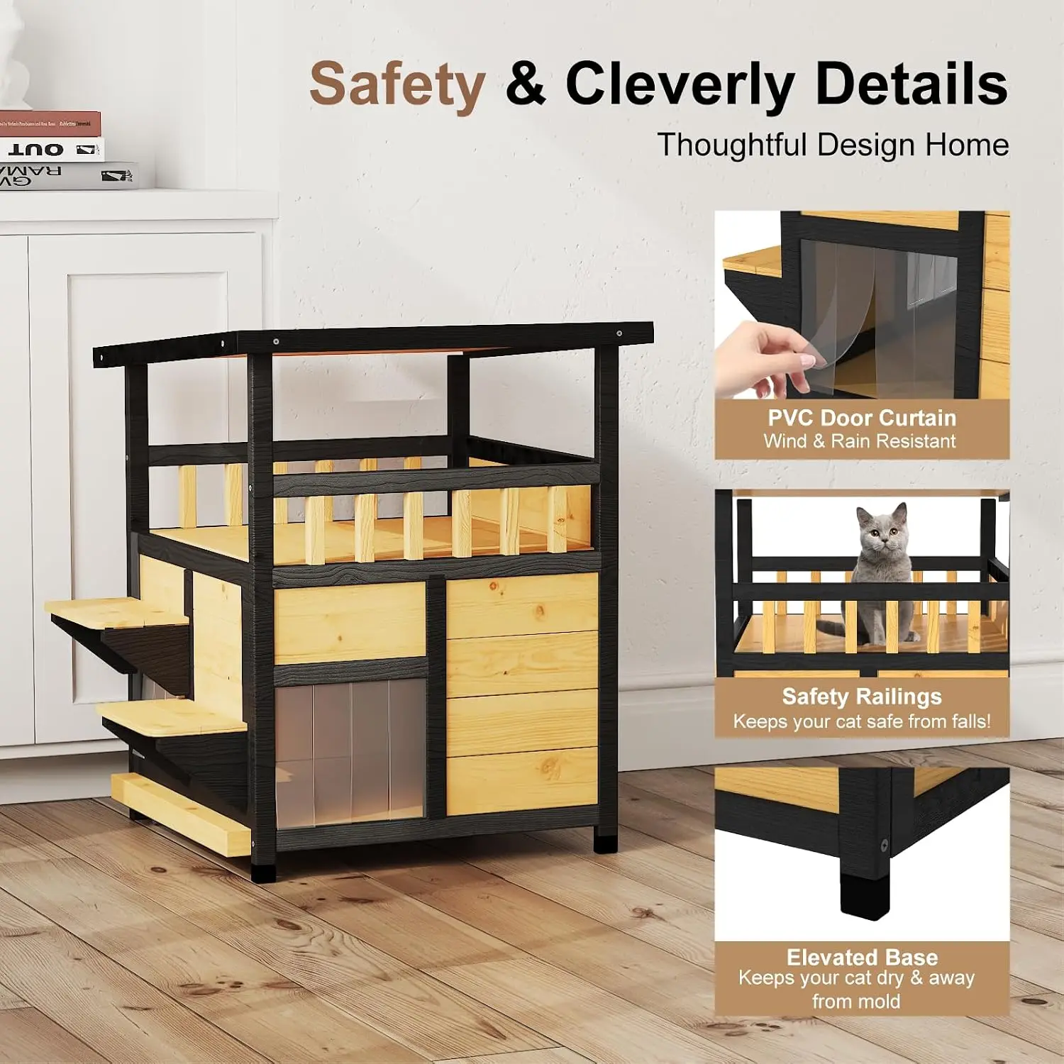 Outdoor Cat House Weatherproof, Outside Two Story Feral Cat Shelter with Escape Door, Scratching Mat, Pull-Out Bottom, Playful Cat Condo for Small & Medium Pets, Black and Earthy Yellow view 3