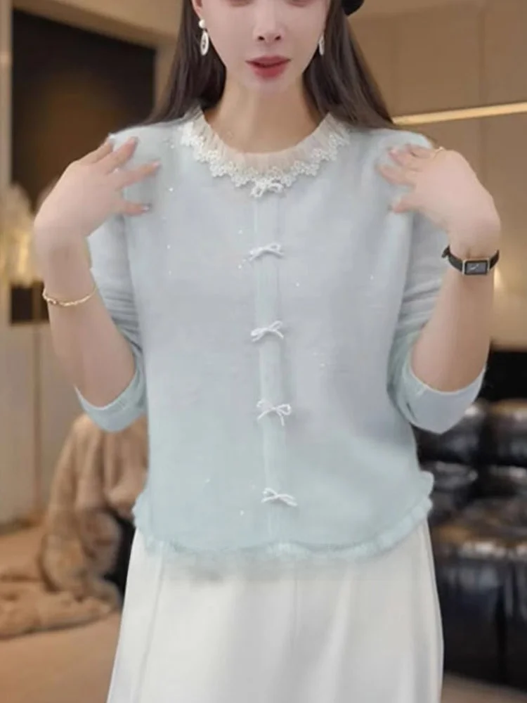 안티에이징 스플라이스 니트 스웨터 슬리밍 매듭 디자인 편안한 롱 슬리브 여성용 탑 엘리 신상