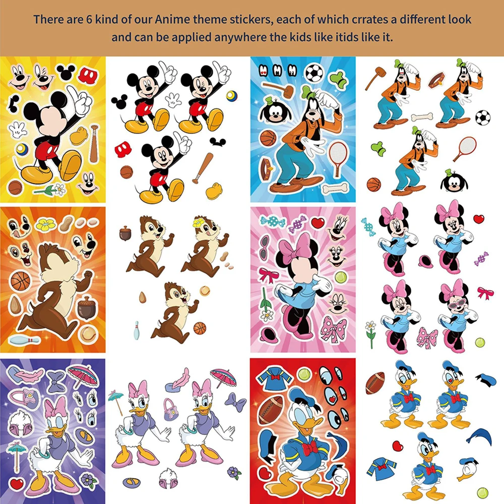 6/12Sheets Disney Children Puzzle Stickers Make-a-Face Mickey Mouse Donald Duck Minnie Kids Jigsaw Game For Boys Girls Party Toy