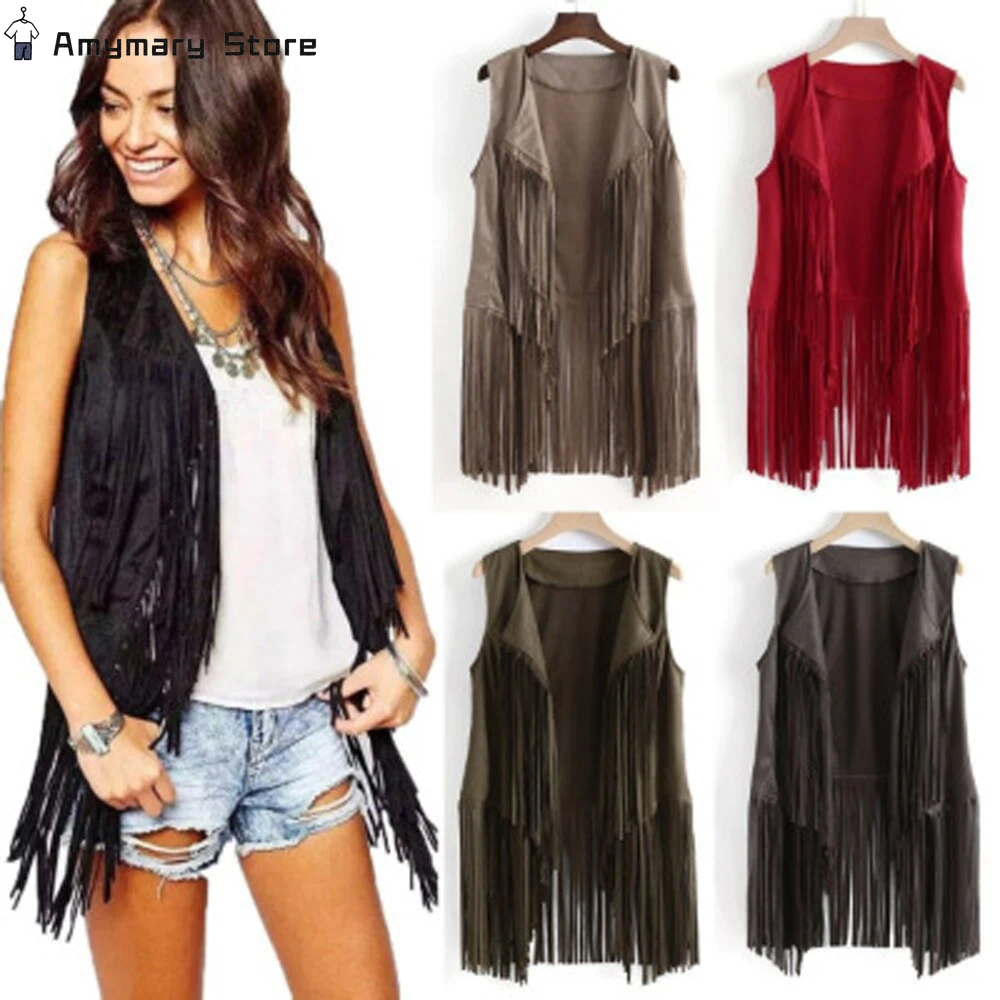 New Women Faux Suede Ethnic Sleeveless Jacket Long Fringe Tassels 70s Hippie Open Front Cardigan Vintage Waistcoat Vest Top