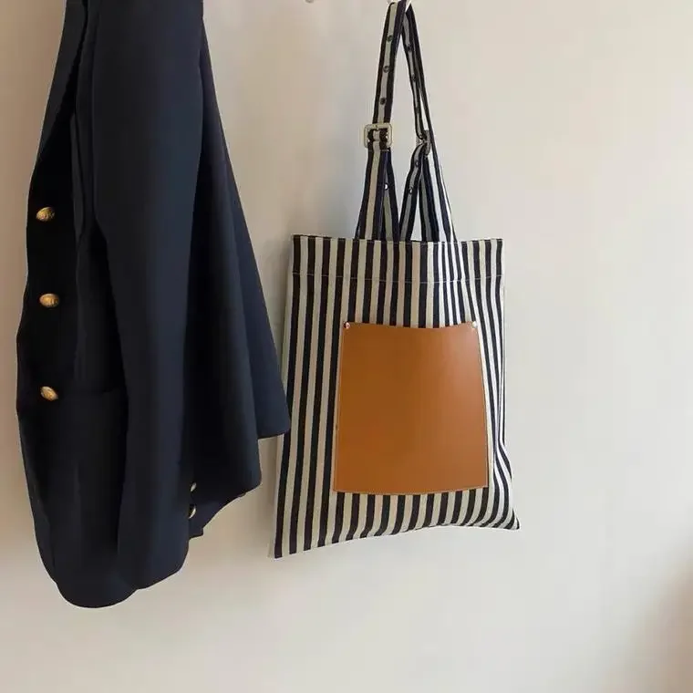 Shoulder Bags New Simple Casual Canvas Solid Color Striped Tote Fashion Pocket Handbags High Capacity Solid