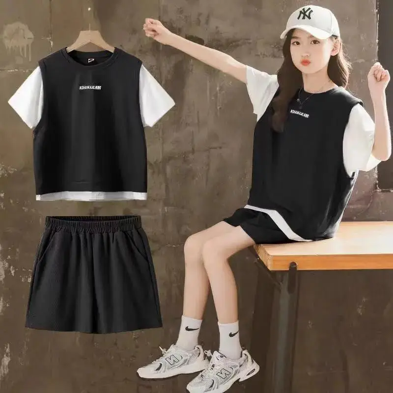 Girls New Summer Loose Thin Ventilate 2PCS Short Sleeve Tee+Pants Suits Korean Style 5 14 Years Teeange Girls Casual Clothes Set