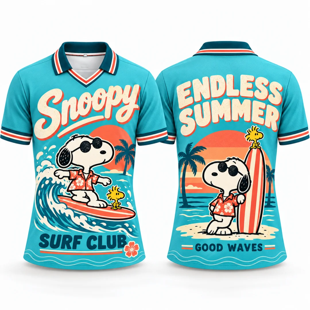 Snoopy Surf Club Aloha Beach Graphic Polo Shirt Vintage Hawaiian Summer Short Sleeve Kids Jersey Unisex Vacation Streetwear Tops