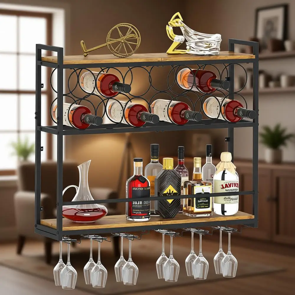 

Горизонтальная настенная винная полка в стиле рустик из дерева для кухни, столовой и домашнего бара (коричневая)