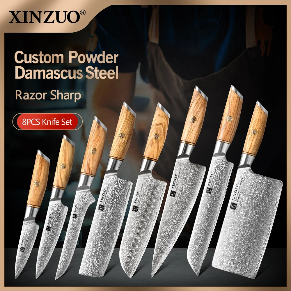 

XINZUO 8pcs Chef Knife Set Custom Damascus Steel High Carbon Santoku Fishing Sharp Cooking Knife with Olive Wood Handle