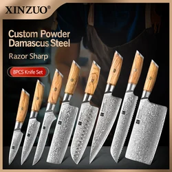 XINZUO 8pcs Chef Knife Set Custom Damascus Steel High Carbon Santoku Fishing Sharp Cooking Knife with Olive Wood Handle