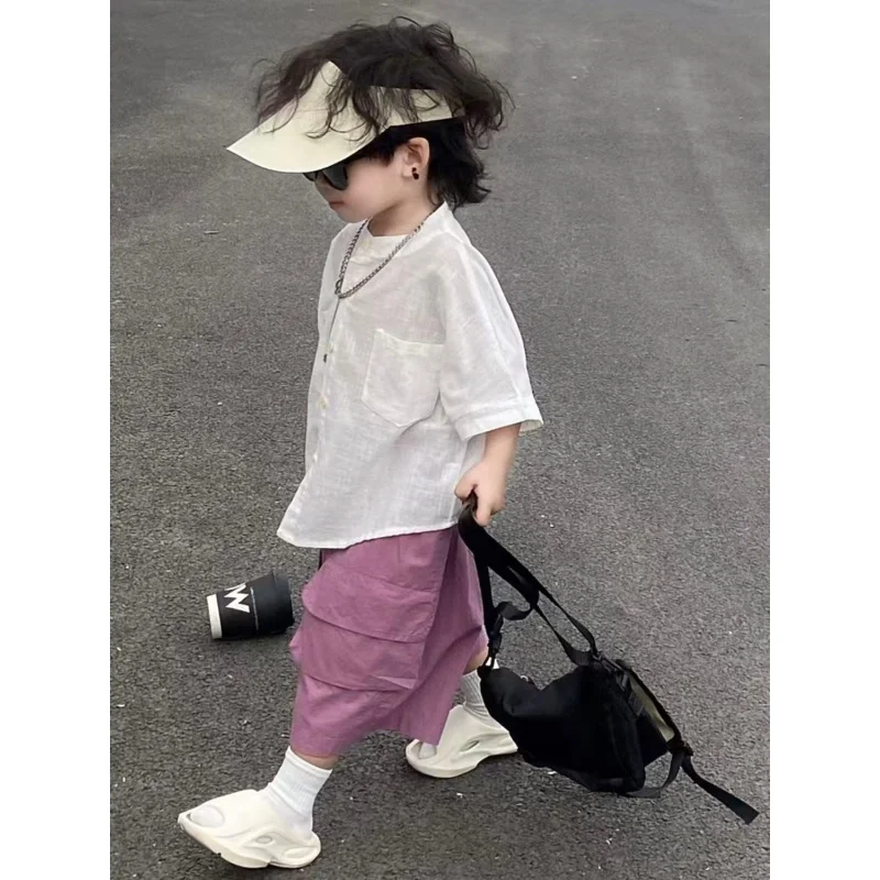 

Children's Summer Set Fashion 2026 New Boys' White Short Sleeved Shirt+Shorts Two piece Set 90-140CM