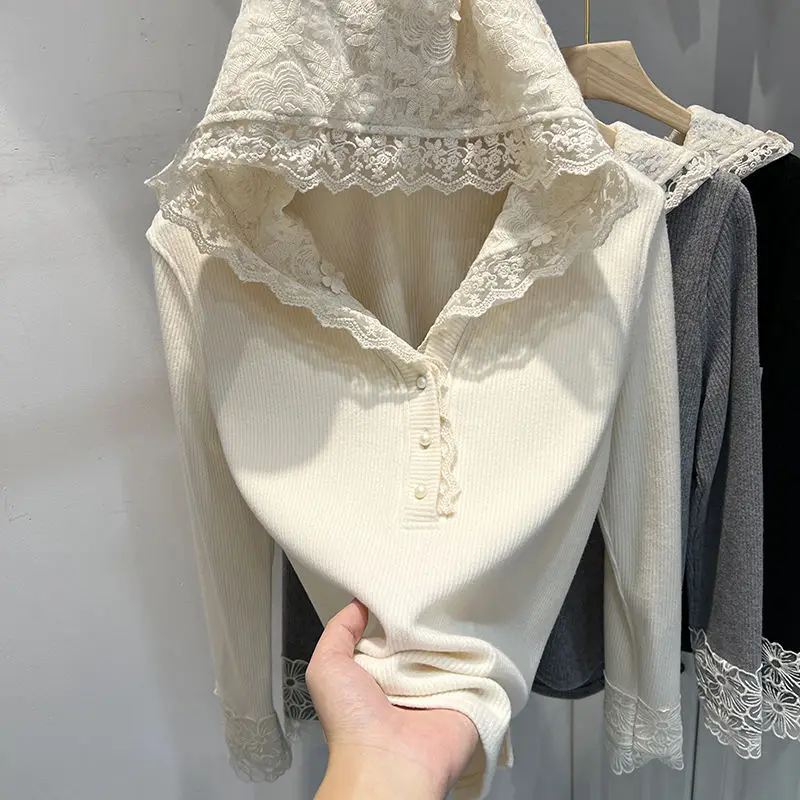 

Осень 2024, новые тонкие пуловеры с капюшоном и длинными рукавами, кружевные лоскутные однотонные вязаные топы, модный дизайн, женская тонкая женская одежда