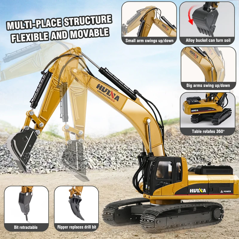 Huina 1:40 Car Model Simulation Static Excavator Model with Replaceable Drill Kids Collection Engineering Vehicle Children Gift