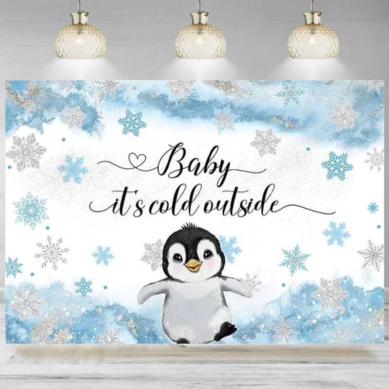 

Penguin Winter Baby Shower Backdrop Blue Watercolor Photographic Background Animals Snowflake Newborn Party Banner Decoration