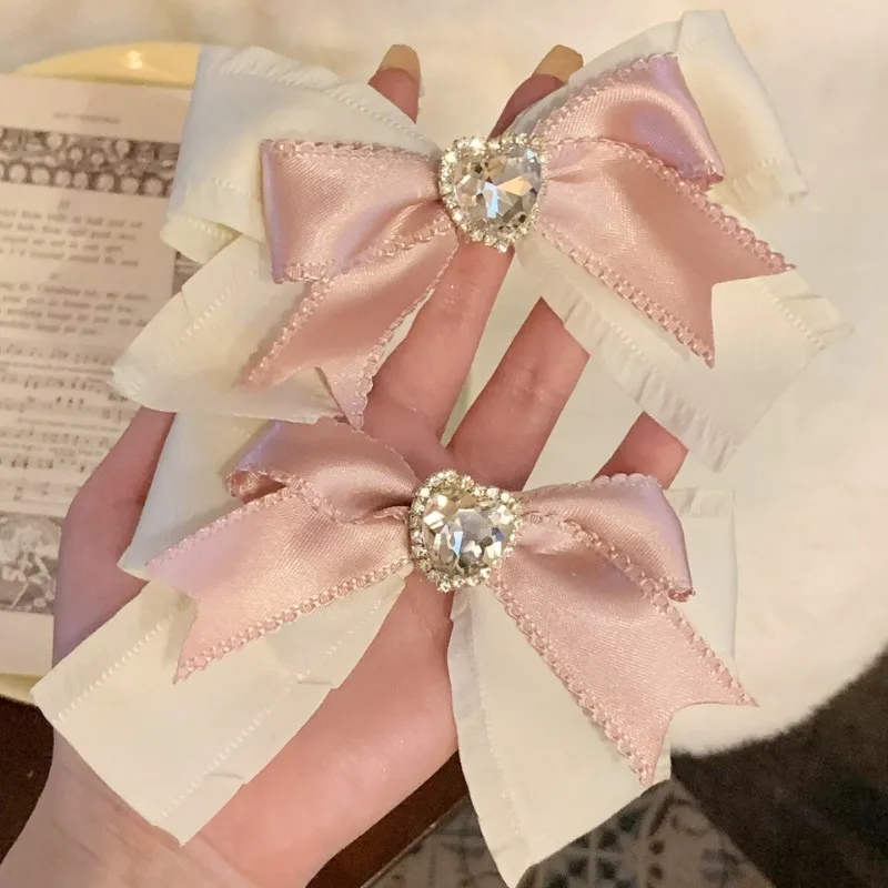 Fashion Pink Barrettes Women Ribbon Bowknot Hairslide Diamond Heart Bow Hairpin Cute Lolita Girl Hair Clip Headwear Accessories