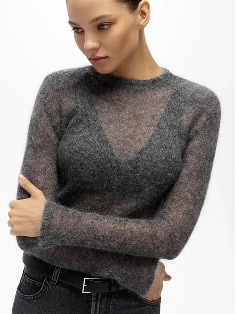 Fashion Women See Through Solid Slim Pullover Elegant O Neck Long Sleeves Thin Knitted Sweater Spring Autumn Casual Lady Jumper