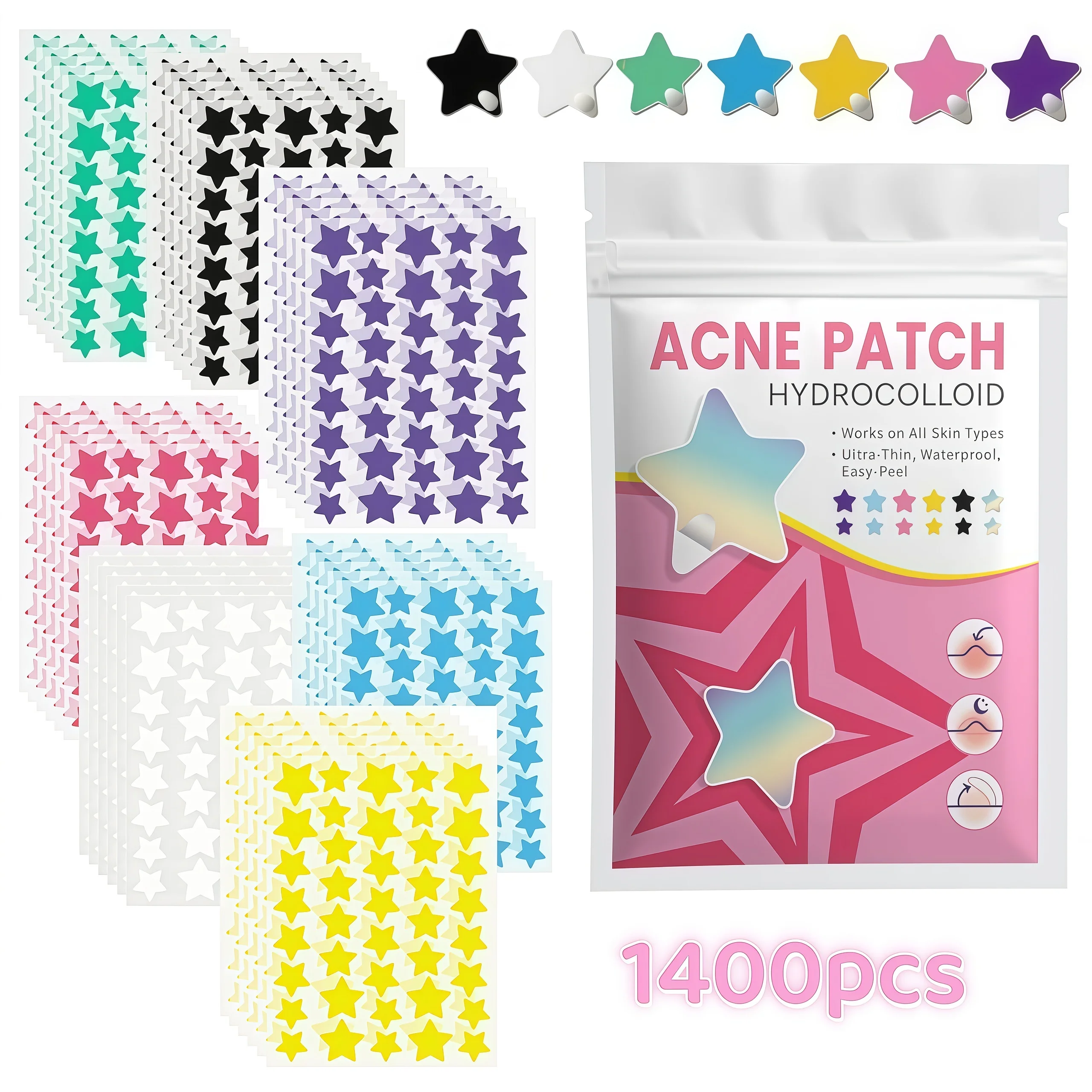 280/840/1400pcs Bright Star Acne Patches, Colorful Hydrocolloid Stickers, Skin-Friendly, Travel & Makeup Ready