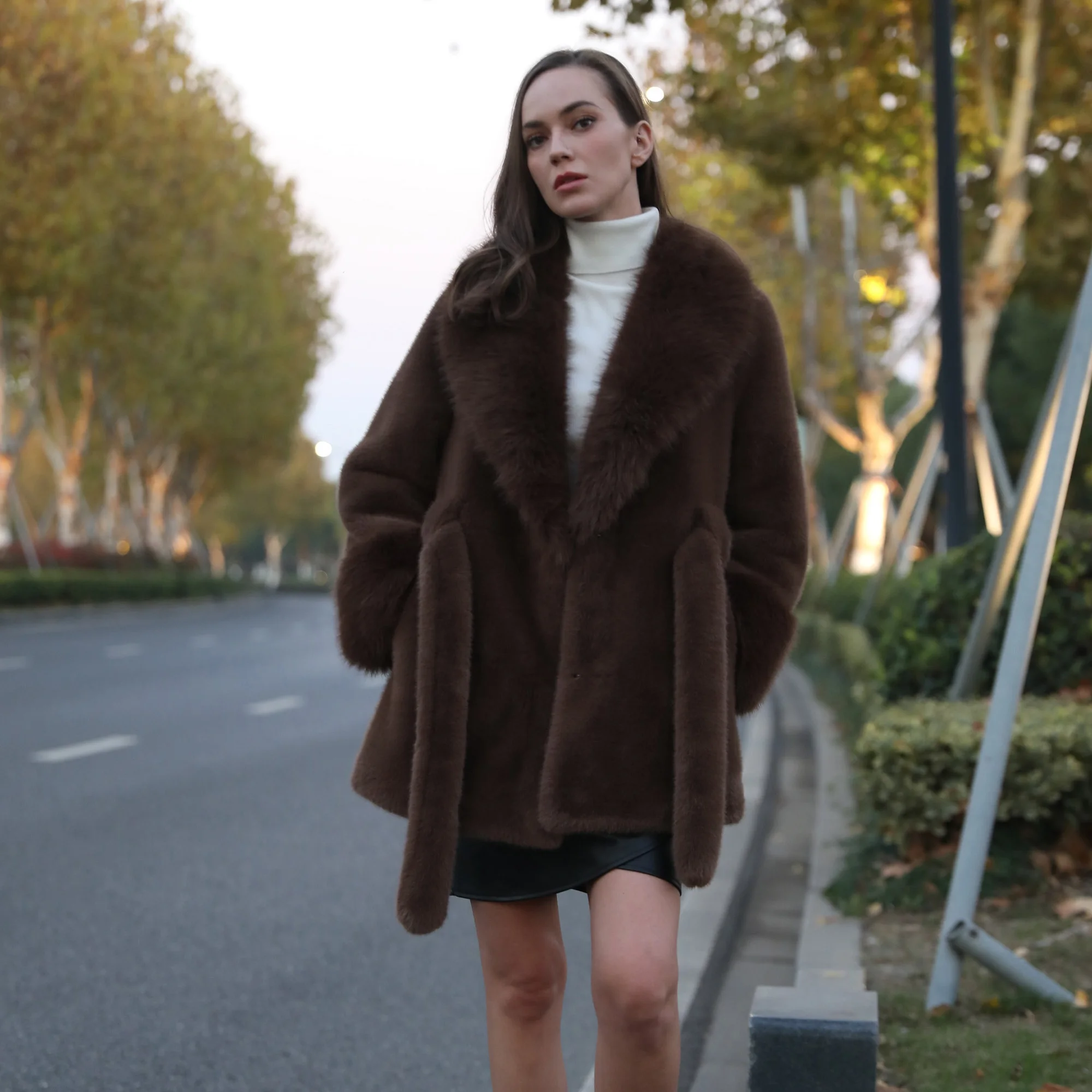 Women\'s Vegan Mink Fur Coat, Big Faux Fur Collar Jacket, Skirt Style, Fast Shipping