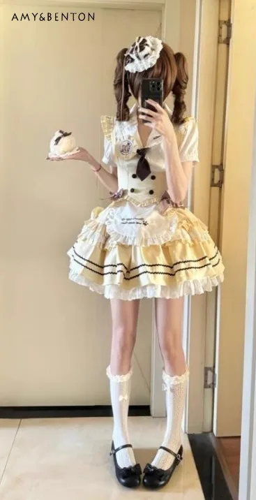 

2025 Summer New Sweet Cute Girly Cream Lolita Skirt Short Sleeve Shirt Bowknot Vest Puffy Short Skirt Three-Piece Set