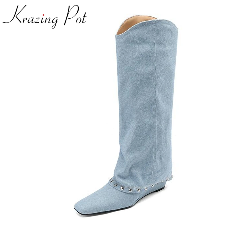 

Krazing Pot 2024 Denim Square Toe Winter Warm Riding Boots Wedges Heels Gorgeous England Style Rivets-studded Slip On Knee Boots