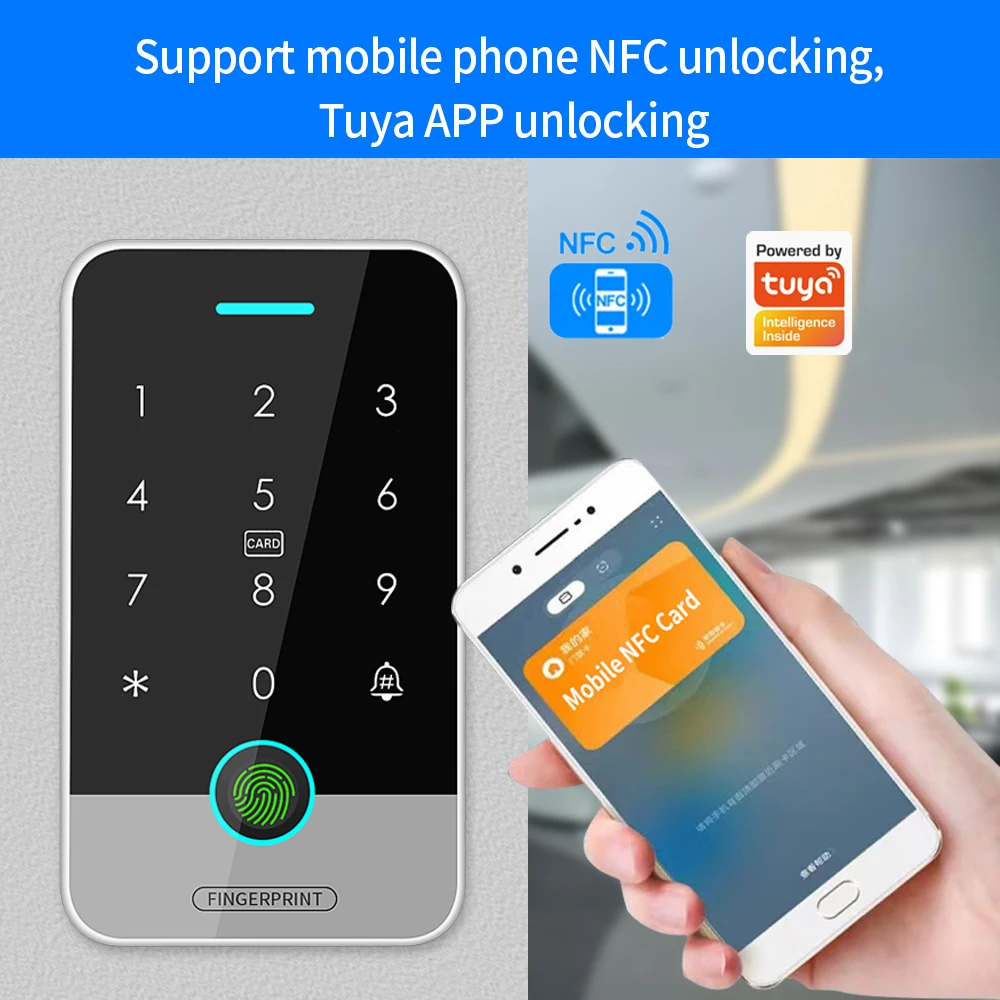 

Tuya APP Access Control Keypad Waterproof RFID Keyboard EM & MF Biometric NFC Bluetooth Fingerprint Touch Backlight Door Opener