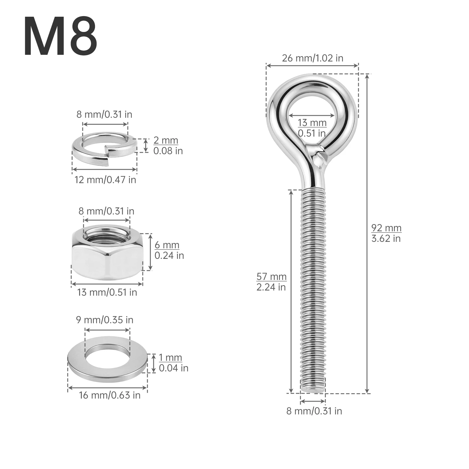 2 pcs 304 Stainless Steel M5/M6/M8/M10/M14/M16 Eye Bolts with Washers, Nuts, Light Duty Threaded Eyebolts