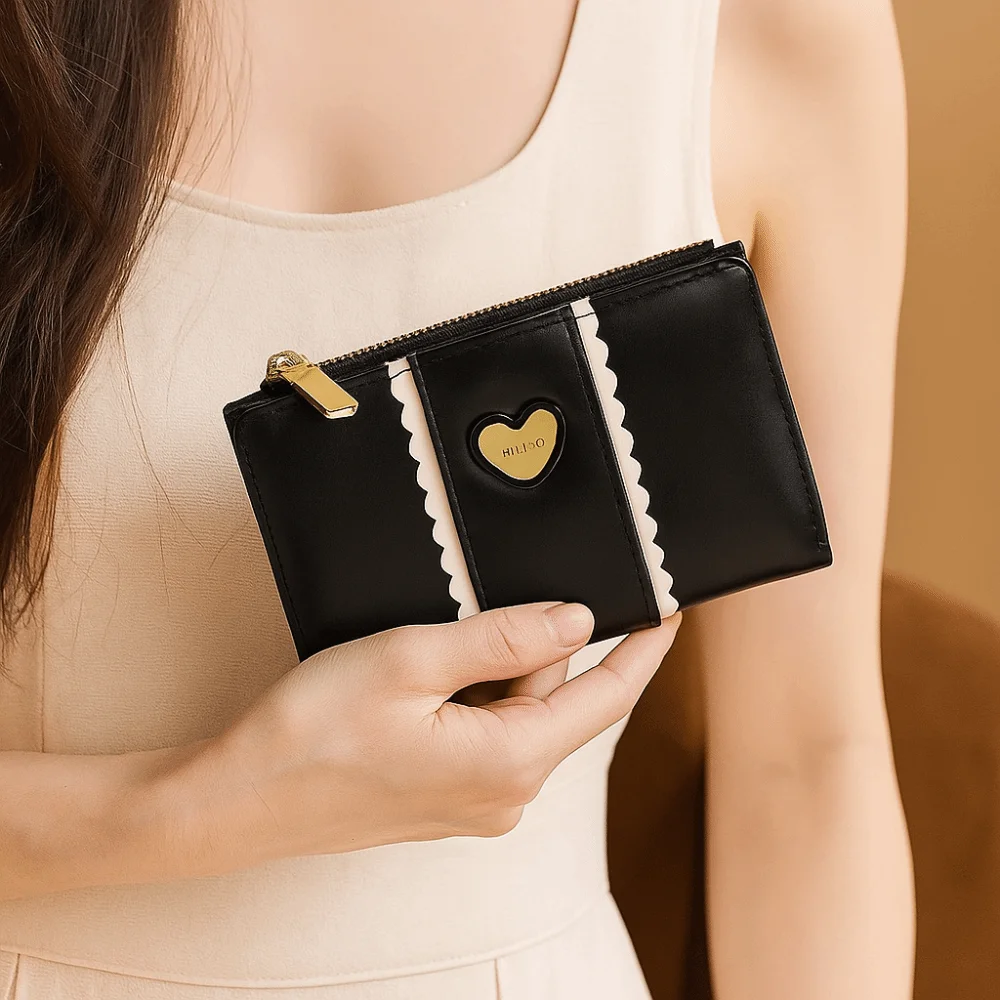

Elegant Women Short Wallet Love Heart Pu Leather Biofold Business Purse Candy Color Waterproof Bank/ID/Credit Card Holder
