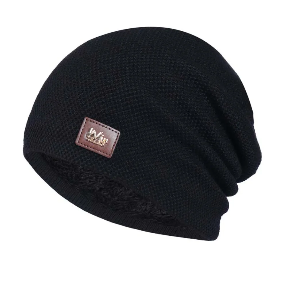 New Warm Fleece Lined Casual Knitted Hat Knitted Material Label Decor Winter Beanie Pullover Solid Warm Fleece Hat Men and Women