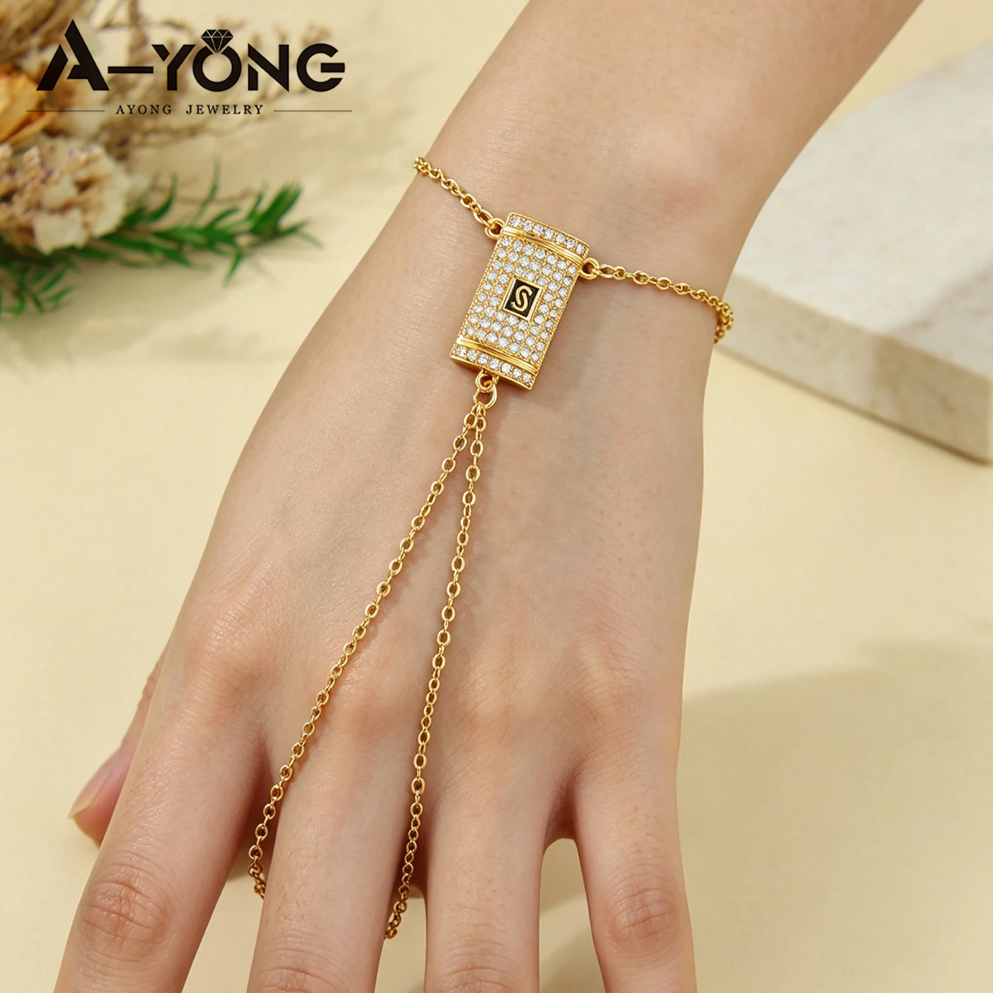 Arabisches Mode-Zirkonia-Armband 24k Vergoldet Italienische Elegante Handketten mit Ring Dubai Muslimische Frauen Vintage Party-Schmuck – Detail 1