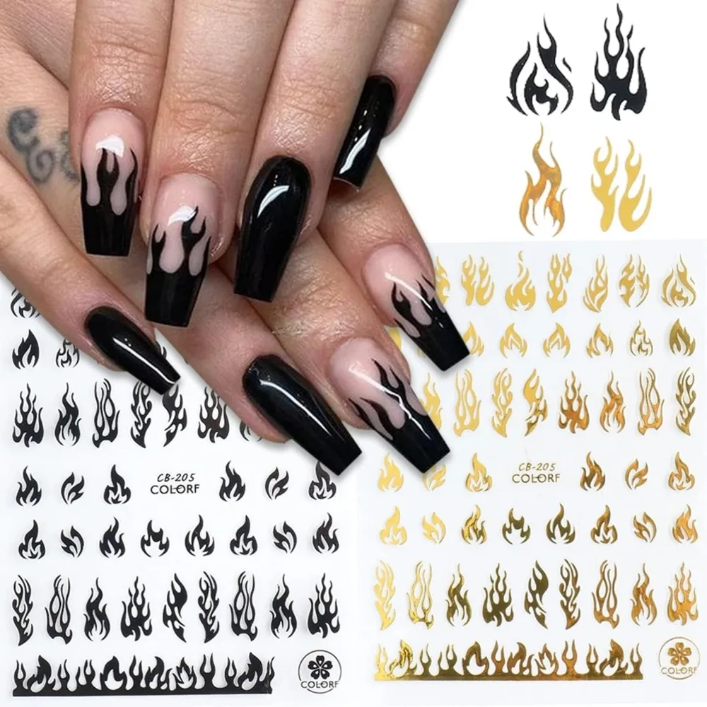 Gold and Black 10-Sheet Nail Art Stickers: Butterfly, Bee, Flame Designs for DIY Manicure
