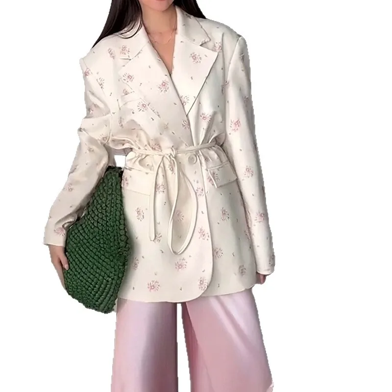 

2025 New Fashion Printed Lapel Lace-up Suit Jacket Women Autumn Casual Loose Lace-up Cardigan Long-sleeved Top For Women