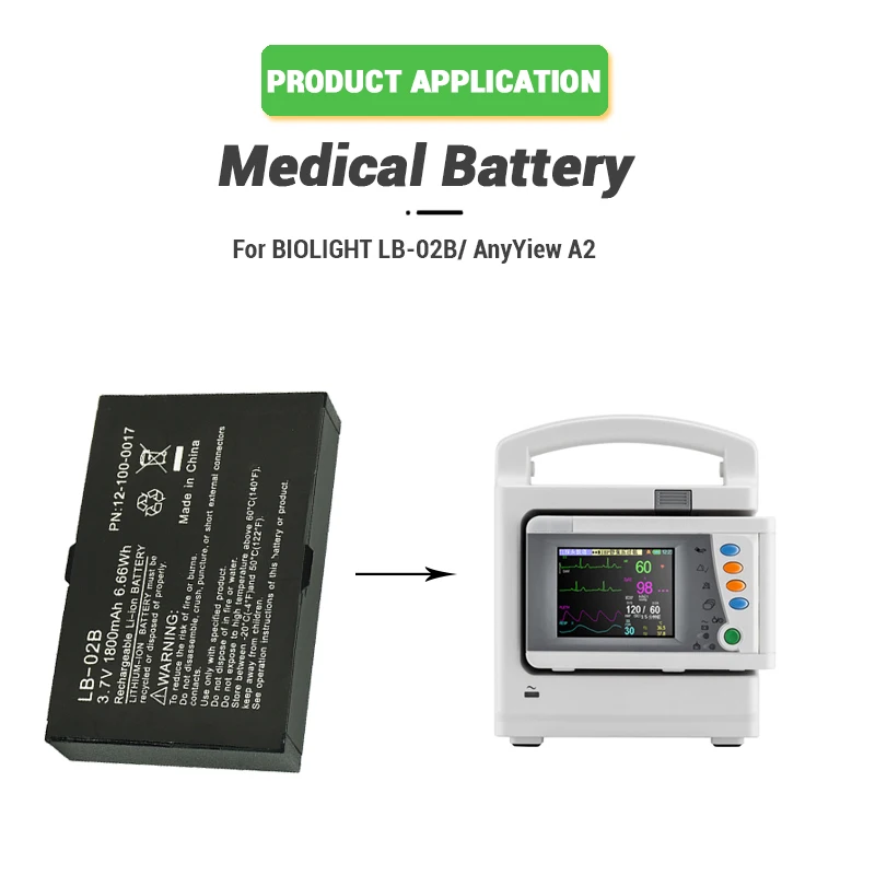 Li-ion 3.7V 1800mAh Replacement Lithium LB-02B M.edical Battery for BIOLI.GHT AnyYiew A2 V.ital Sign.s Monitor