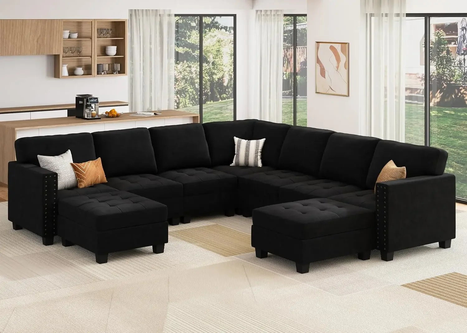 Velvet Convertible Sectional Couch, U Shaped Sectional Sofa with Chaise Modular Sectional with Storage Ottoman Corner Couch fo