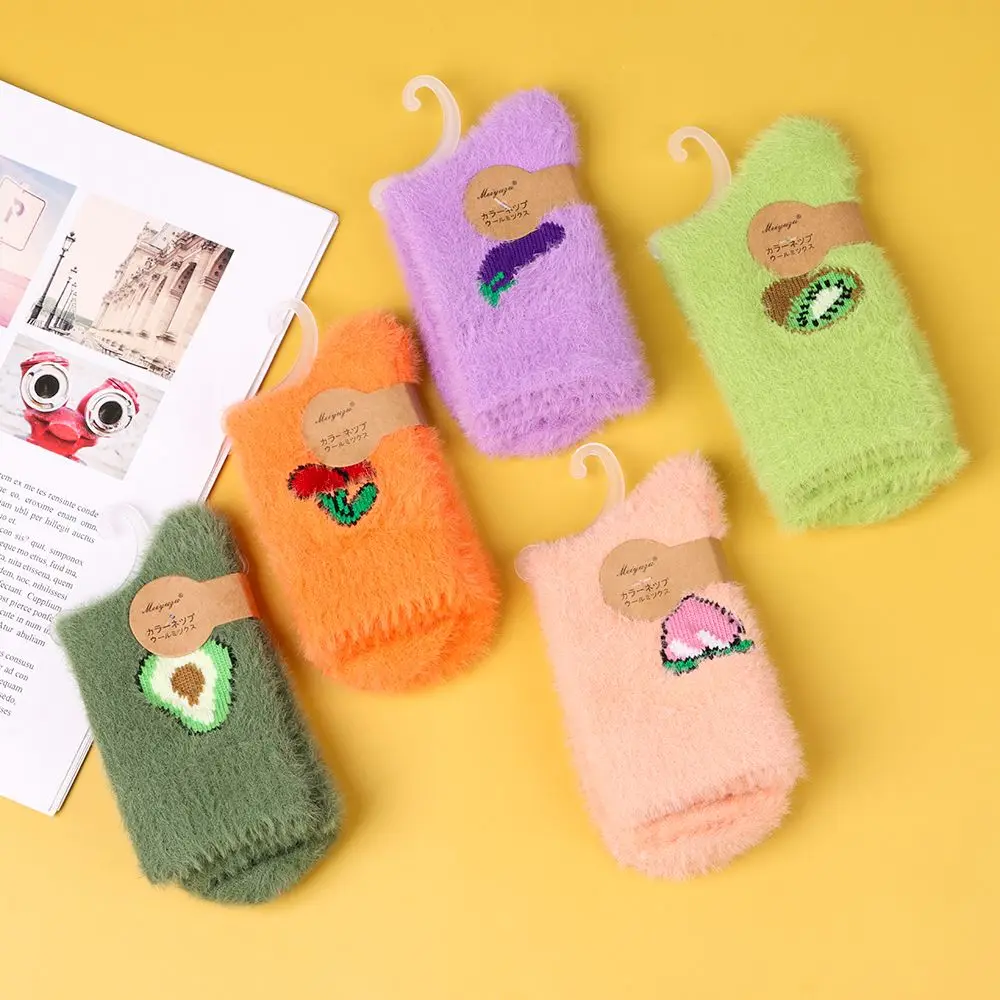 

1 Pair Female Gift Cherries Avocado Kiwi Fruit Warm Sleeping Sock Fluffy Floor Socks Cartoon Fruit Pattern Eggplants Peache