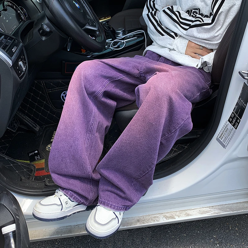 

Винтажные фиолетовые прямые свободные повседневные джинсы, мужские модные широкие брюки с эффектом похудения, молодежные стильные длинные брюки для осеннего сезона