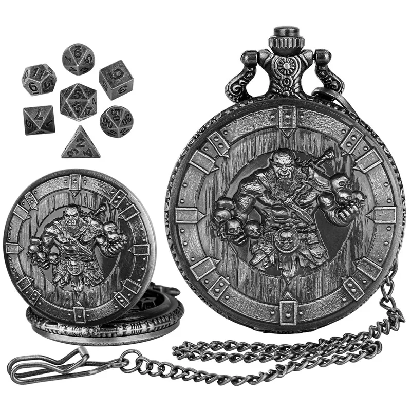 Retro Barbarian Skull Head Pocket Watch Case Pendant Chain 7 X Metal Polyhedral Dice Set Gaming Accessory for Role Play