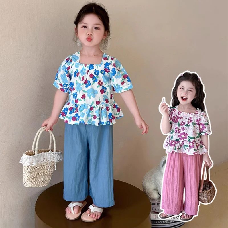 

2025 Summer Baby Girls Clothes Sets Sweet Floral Print Short Sleeved Square Collar Tops+Pants 2pcs Kids Princess Casual Outfits
