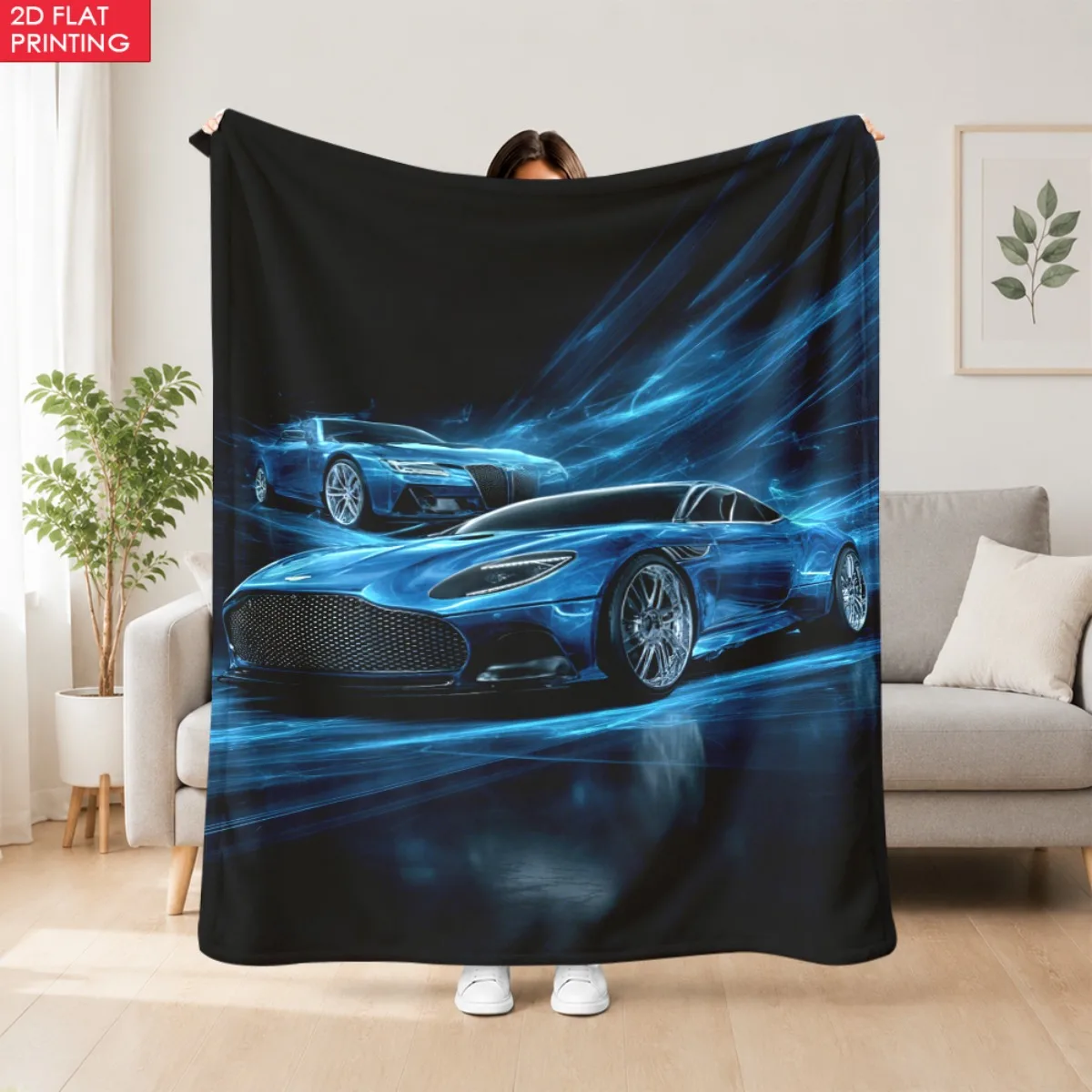 1pc Dynamic Blue Sports Cars Electric Speed Lightweight Flannel Hug Blanket - Warm And Cozy Ideal for Office, Sofa, And Car, Gre