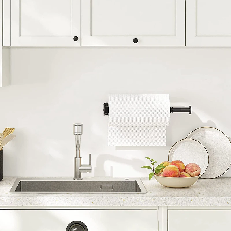 Portarrollos de cocina debajo del gabinete, autoadhesivo o perforador negro, portarrollos de cocina montado en la pared para baño y cocina