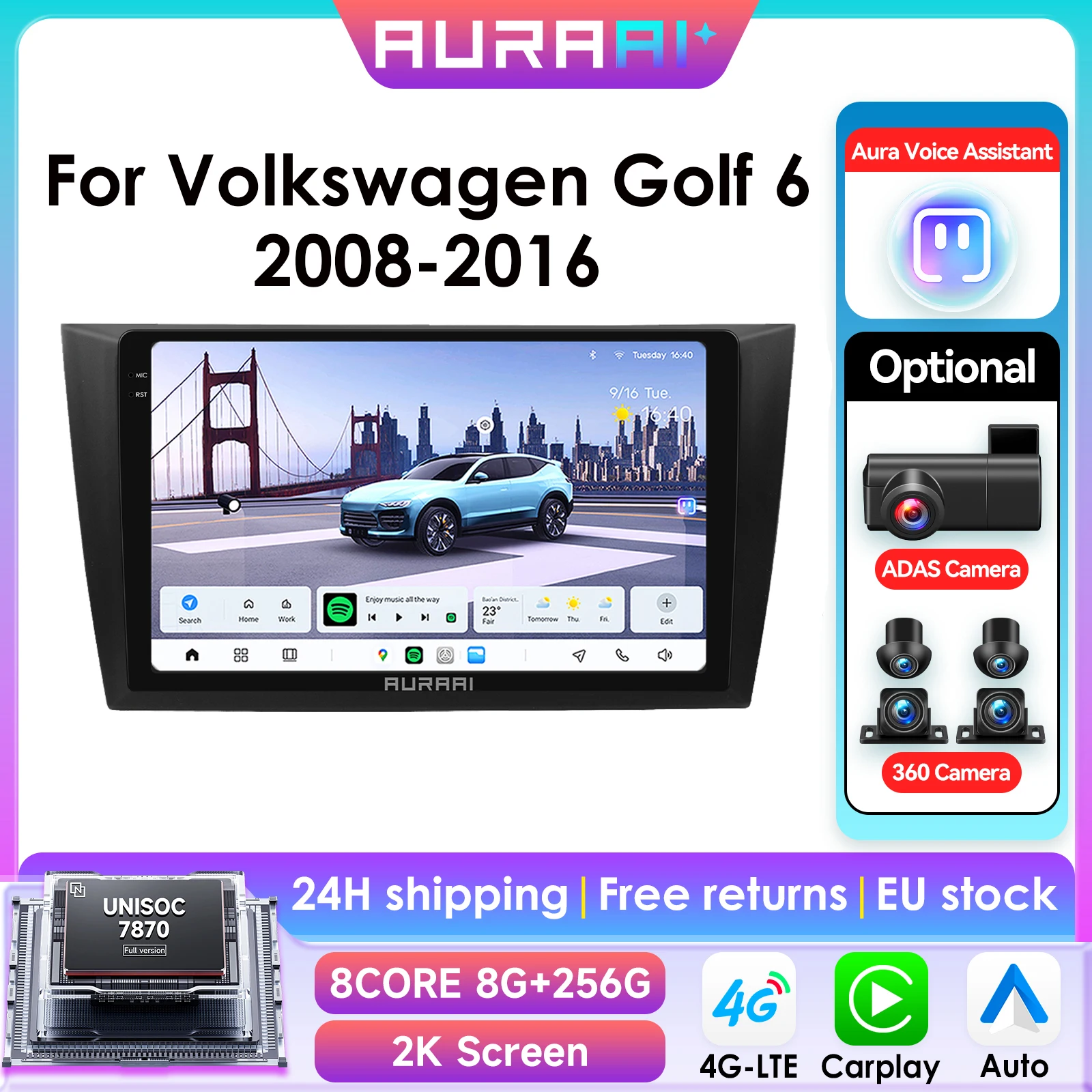 Autoradio Android 13 8G 256G AI avec écran 2K pour Volkswagen Golf 6 2008-2016, CarPlay sans fil, Android Auto, 4G, GPS, BT, DSD, ADAS, double micro, caméra 360°
