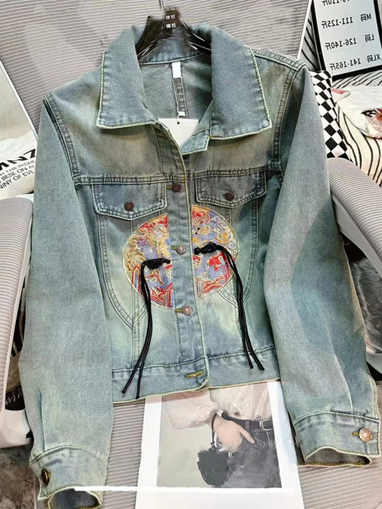 

Retro Chinese Embroidery Button up Women's Denim Jaet ort Outerwear Collar Long Sve Loose Fit Autumn New Arrival