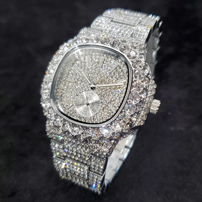 Trending Luxury Wristwatch For Men High Quality Inlay Diamond Sparkly Watches Bling Iced Out Stainless Steel Clock Best Selling