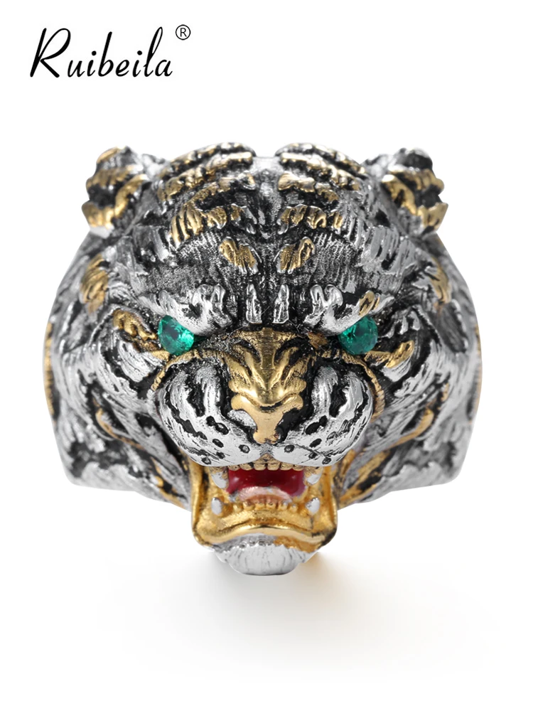 

Мужское кольцо Ruibeila Bully с головой тигра, серебро 925, эмаль, деревенское окно, тигр, бабушка, изумрудное кольцо, крутое