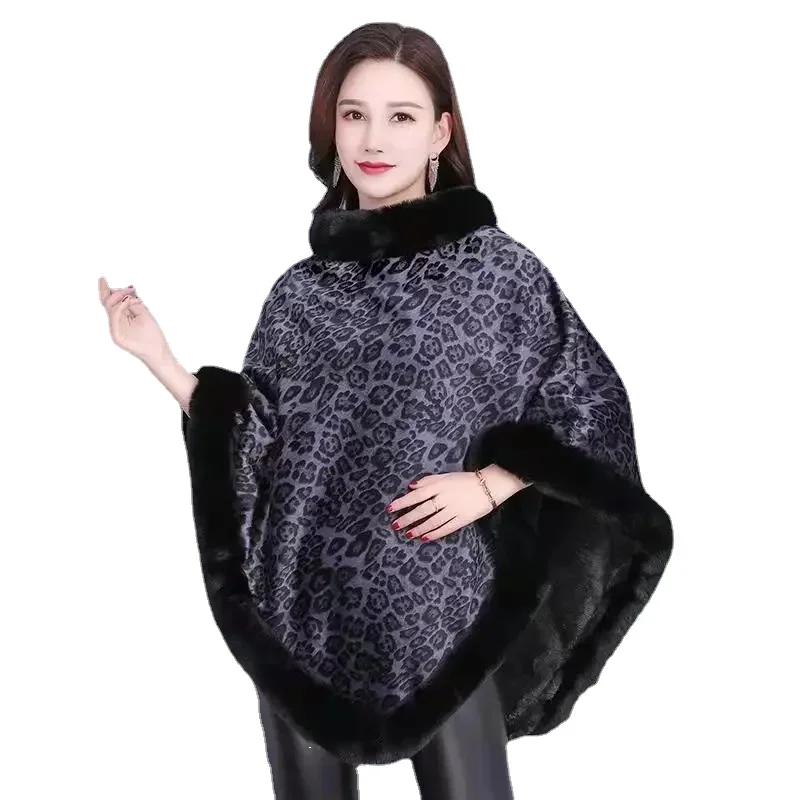 

Fashion Leopard Soft Faux Rabbit Fur Poncho Coat Thicken Warm Fluffy Lining Pullover Cape Women Winter New Wraps Shawl Hot Sales