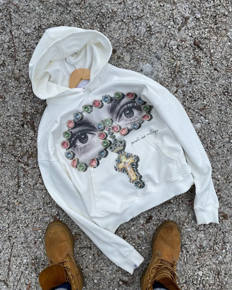 

High Street New Personality Cross Print Design Hoodie Men Y2k Goth Fashion Retro Top Harajuku Casual Loose White Sweatshirt
