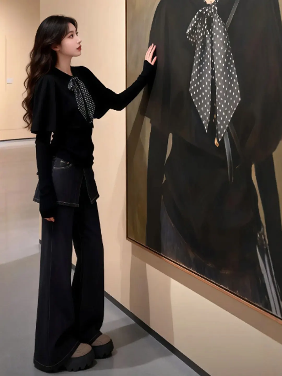 

Korean Sle Ele Bla Knitted Cloak Faionable Spring Top Women's Slim Fit Long Sve round Ne Pullover Knitwear