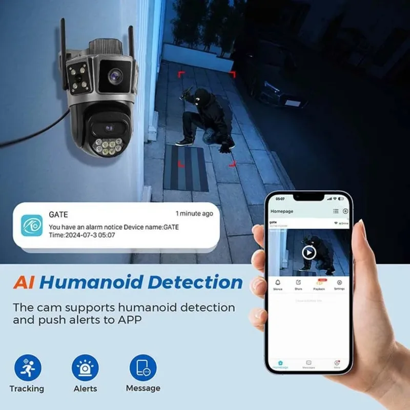 Telecamera di sicurezza WiFi 5G da esterno 360 °   Telecamera PTZ HD Visione notturna a colori Audio bidirezionale IP66 CCTV con tracciamento del movimento impermeabile