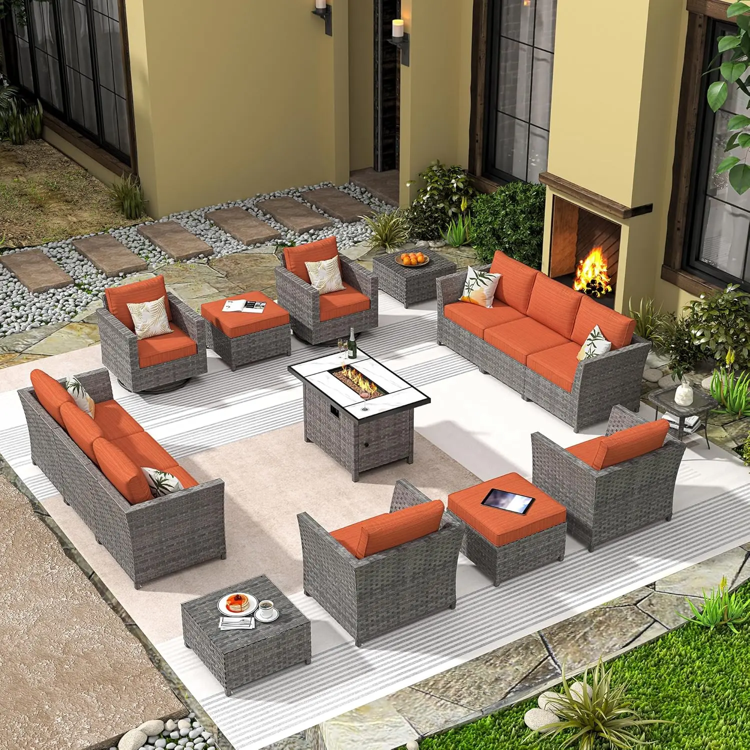 Outdoor Furniture Patio Sectional Sofa Couch PE Wicker Conversation Sets with Ottomans Glass Table for Garden Poolside Backyard