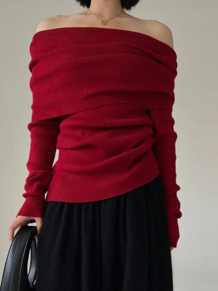 Soft Chic Women Pullovers 2026 Autumn Winter Off Shoulder Women Sweaters Elegant Vintage Knitted Solid Jumper High Stretch Top