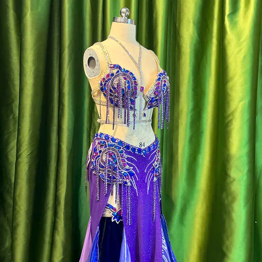 Abiti da danza del ventre personalizzati Set di spettacoli per competizioni di gruppo Abbigliamento da ballo esotico Reggiseno di danza del ventre Gonna lunga da donna