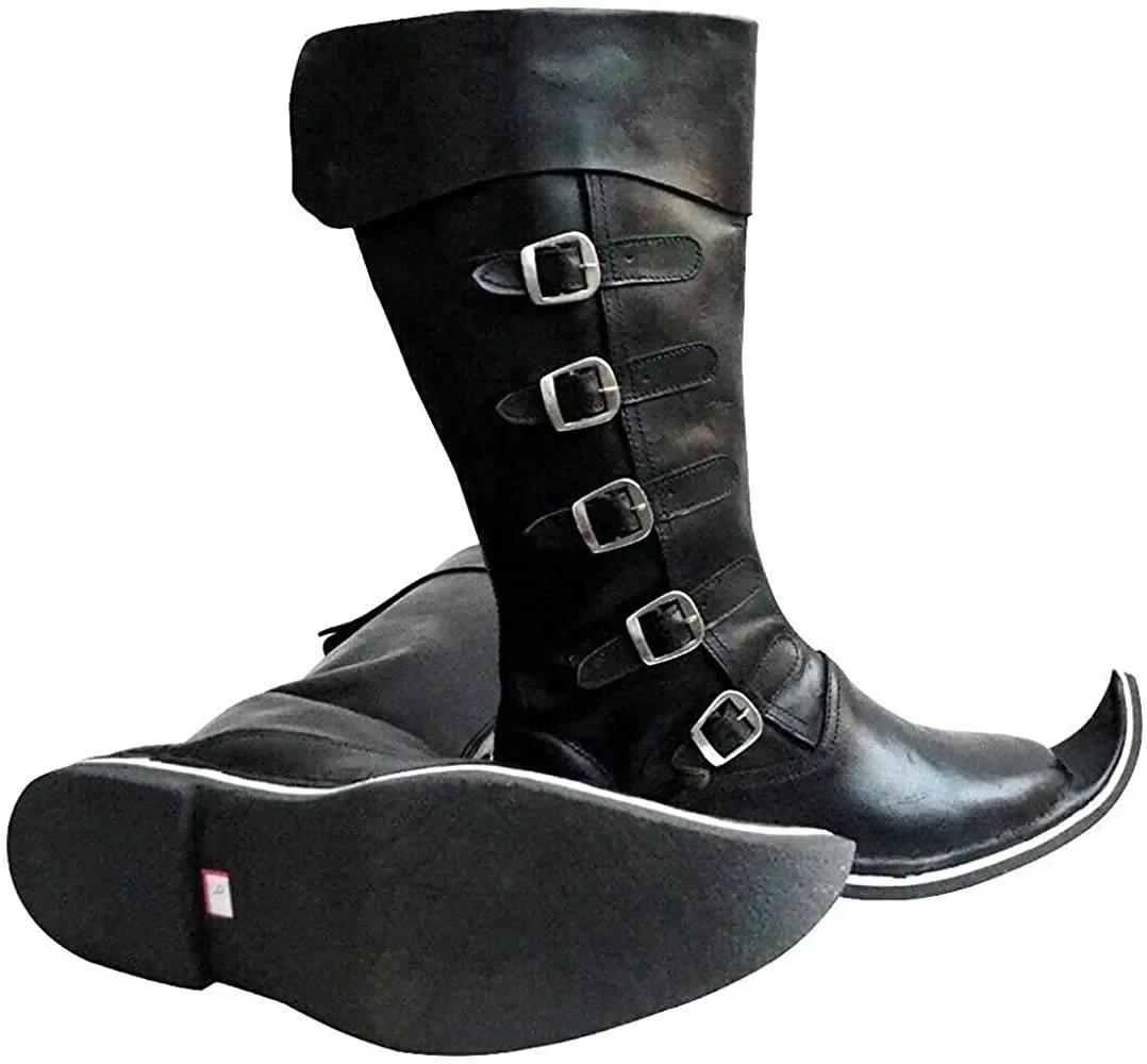 Gothic Pirate Boots Medieval Pointed Viking Retro Commander Shoes Buckles Steampunk Knight Halloween Mid Calf Boots