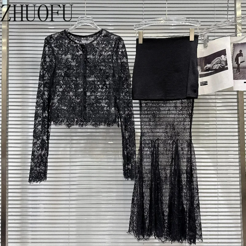 Elegant Women 2 Piece Set See-through Long Sleeve Lace Cardigan High Waist Mermaid Long Skirt Evening Party Black Autumn New
