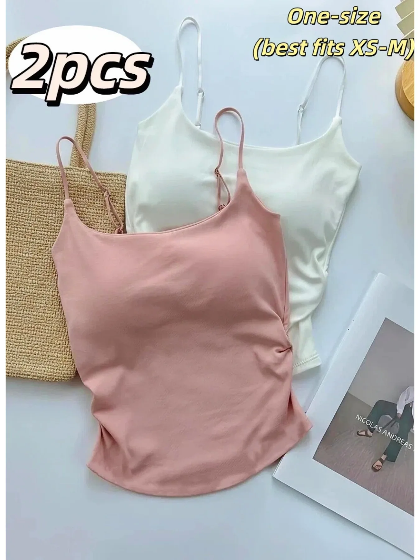 2 Pack Women Soft Fresh Sweet Tone Thin Strap Camisole Tank Tops in Pink & White, Sleeveless Slim Fit Vests with Built-in Bra Pa