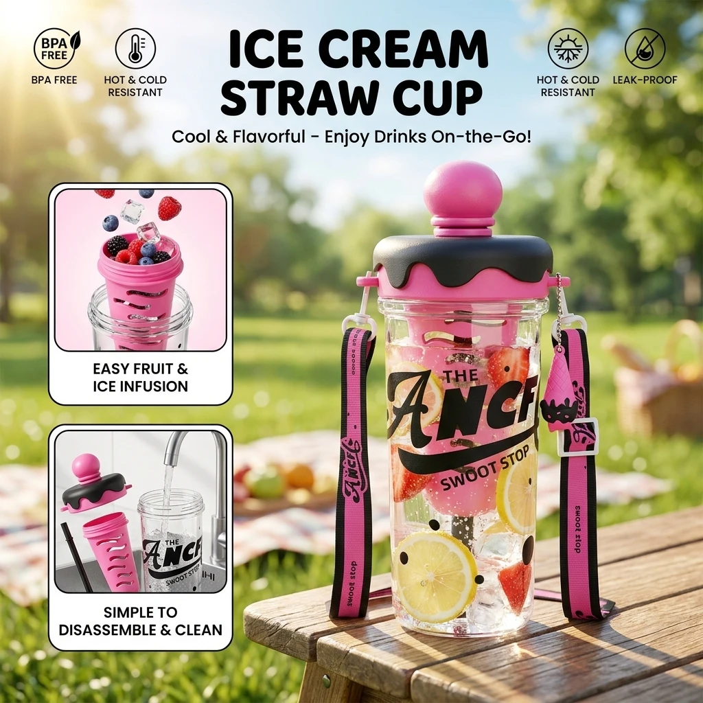 Kawaii Ins Ice Cream PC Water Bottle 880ml Large Capacity Portable Shoulder Strap Tea Separation Leakproof Outdoor Sports Cup